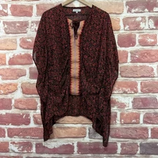 World Market Shirt Womens Small Medium Black Red Boho Paisley Tunic Top Tie Neck