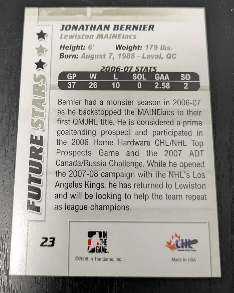 2007-08 ITG Between The Pipes JONATHAN BERNIER #23 FORMER TORONTO MAPLE LEAFS. - Image 2 of 2