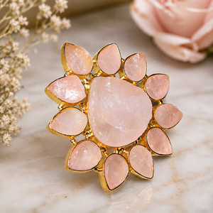 Authentic Natural Rose Quartz Gold Plated Statement Ring Handmade Adjustable Rough Solid