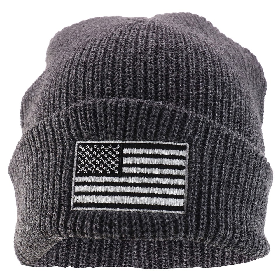 Armycrew Oversized XXL Beanie - Grey, Embroidered American Flag, Ribbed Knit, Fits Big Heads
