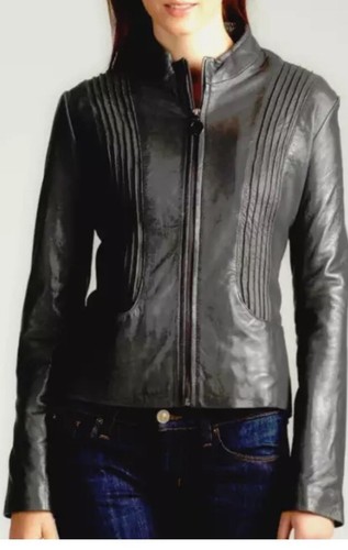 Tahari Veronica schwarze Damen-Bikerjacke Leder plissiert vorne Schößchen hinten Größe XS - Bild 9 von 11