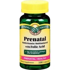 100 CT Prenatal Vitamins Spring Valley 1 Per Day Dose