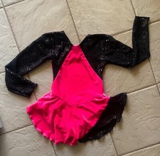 NEW Girls BLACK SEQUIN Hot Pink VELVET Competition Figure ICE SKATING Dress