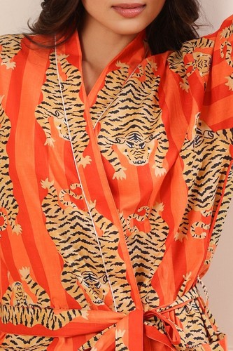 Indian Orange Cotton Tiger Printed Kimono Bath Robes Night Maxi Gown Kimono Robe - Picture 4 of 7