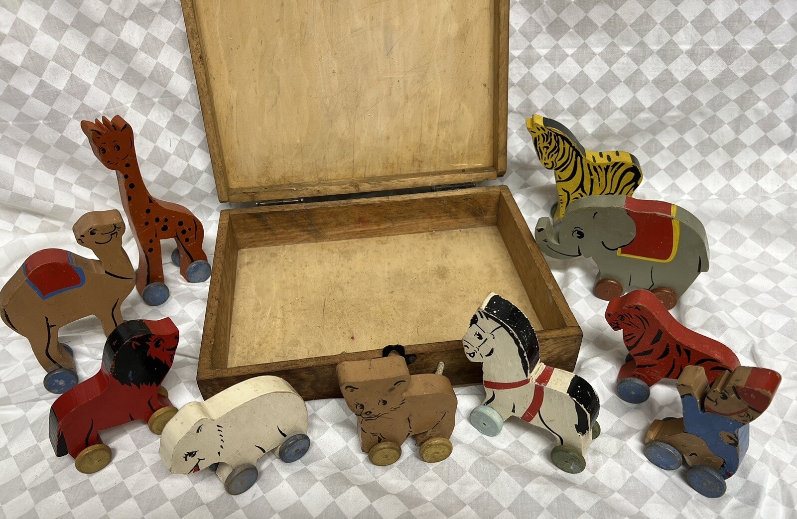 Antique Wooden Circus Animals On Wheels In Original Box eBay