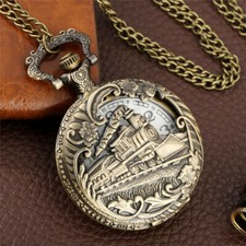 Steampunk Steam Train Pattern Half Hunter Unisex Quartz Pocket Watch Chain Gift