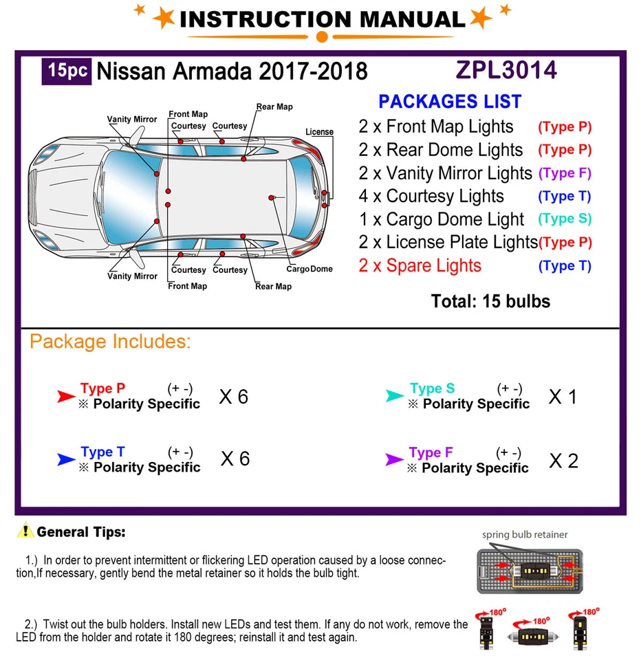 Kit de luz interior LED para Nissan Armada 2017-2018 actualización de bombilla LED blanca Foto 2 de 4