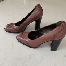 Vintage Patrick Cox Brown Leather 90s Block High Heel Shoes Made In Italy UK5.5