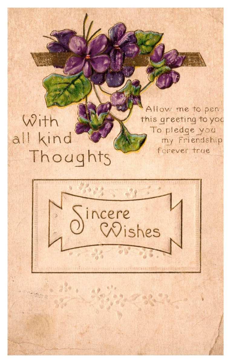 Postcard With all kind thoughts Sincere Wishes 1912 embossed 6496