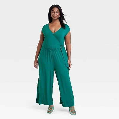 Women s Short Sleeve Wide Leg Jumpsuit Ava Viv Teal Blue XXL