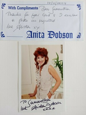 ANITA DOBSON, ANGIE WATTS, EASTENDERS, HAND SIGNED PHOTO & SIGNED COMP SLIP, VGC