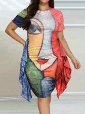 Artsy Face Design Short Sleeve Fashion Women Scallop Dress with Ruffle Side, 2XL