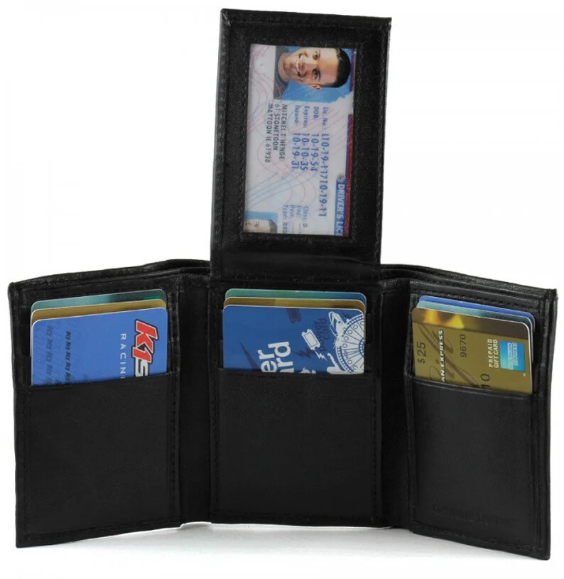 BLACK MEN'S TRIFOLD LEATHER WALLET 9 Credit Card Flip Top New