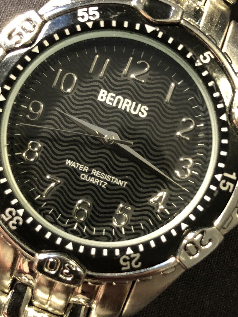 BENRUS Watch Silver Tone & Black Japan Movement WR Wristwatch New