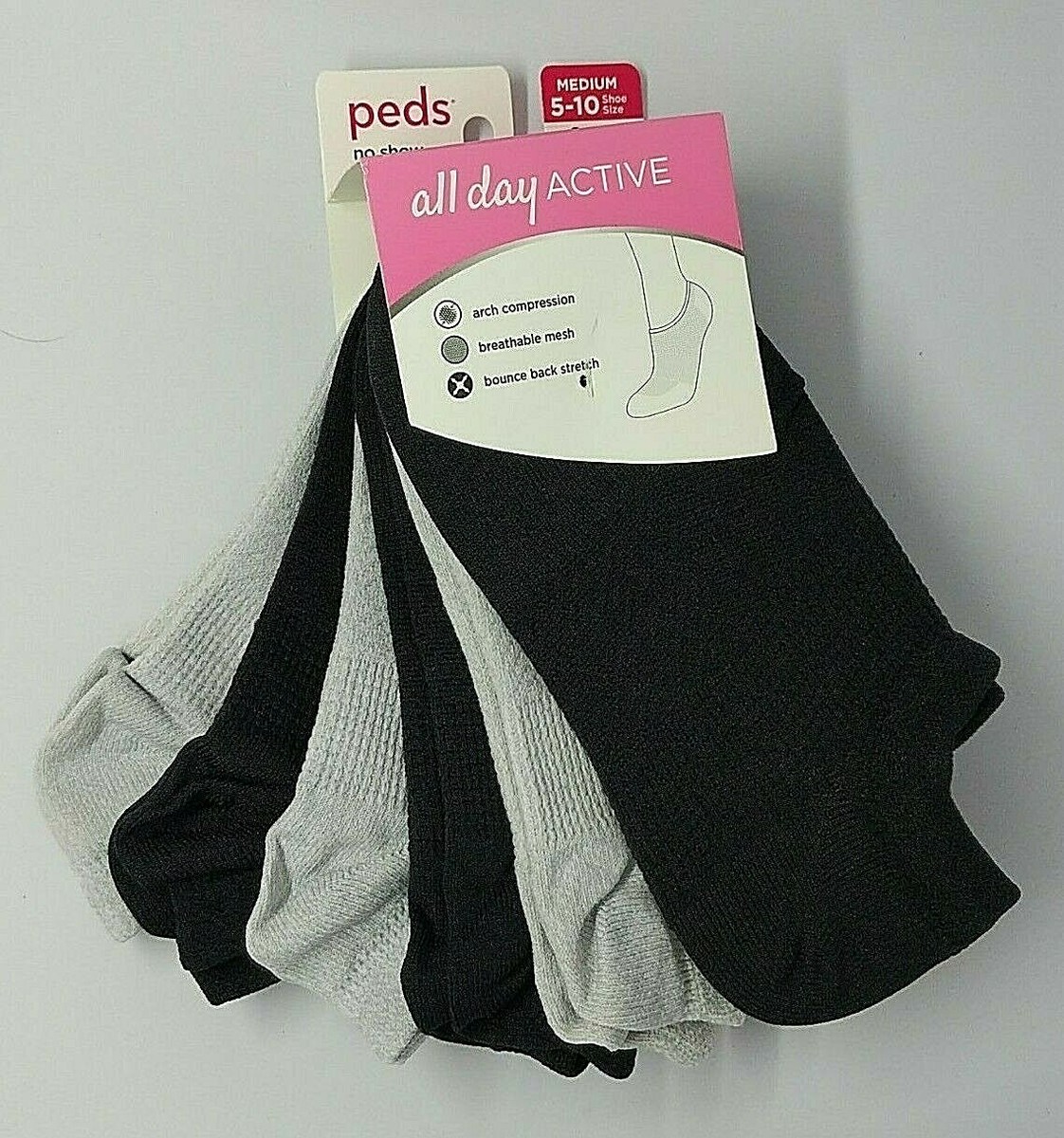 NWT ~ All Day ACTIVE Liner Socks by PEDS® ~ 6 pr ~ Black / Grey
