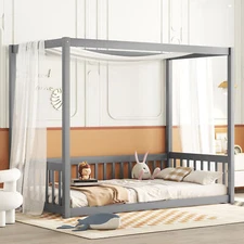 Modern Wooden Twin Size Canopy Bed Frame Floor Bed with Fence/ Guardrails Gray