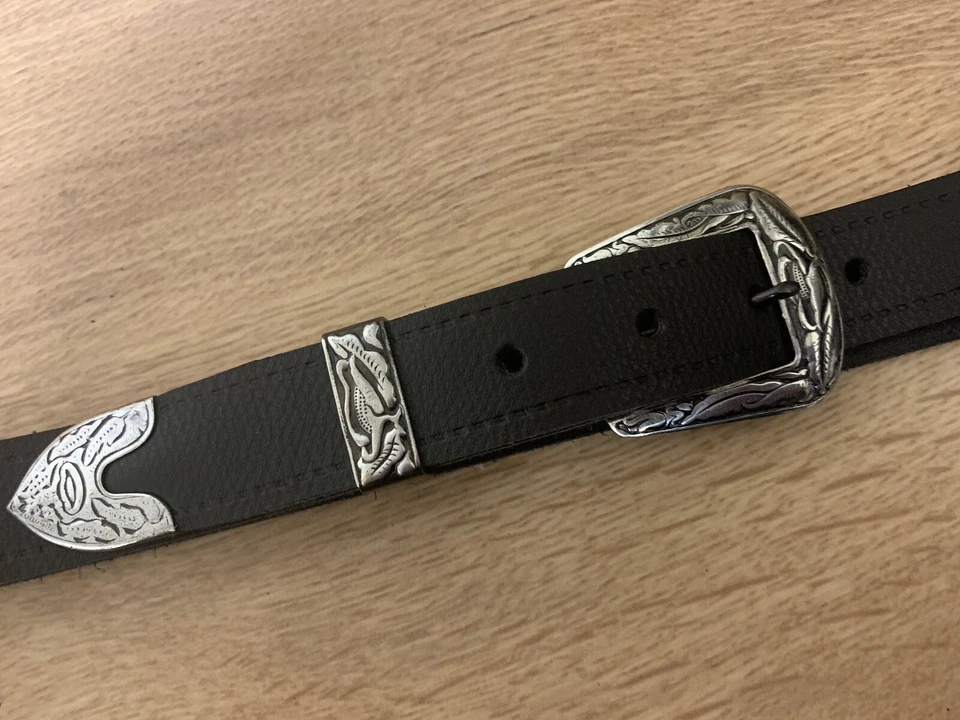 Black / Brown Belt Leather Antique 3 Piece Tipped Buckle 25mm Hand Made V29 - Image 3 of 4