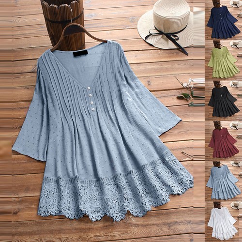 Womens Cotton Linen Lace V Neck Tunic Tops Ladies 3/4 Sleeve Casual Shirt Blouse