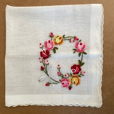 Pink Flowers Scalloped Edge Sheer Cotton Embroidered Handkerchief Hankie
