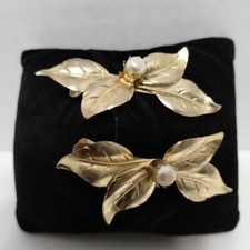 VTG Lady Ellen Gold Tone Faux Pearl Leaf Hair Barrette Clip Set of 2 MCM 60s