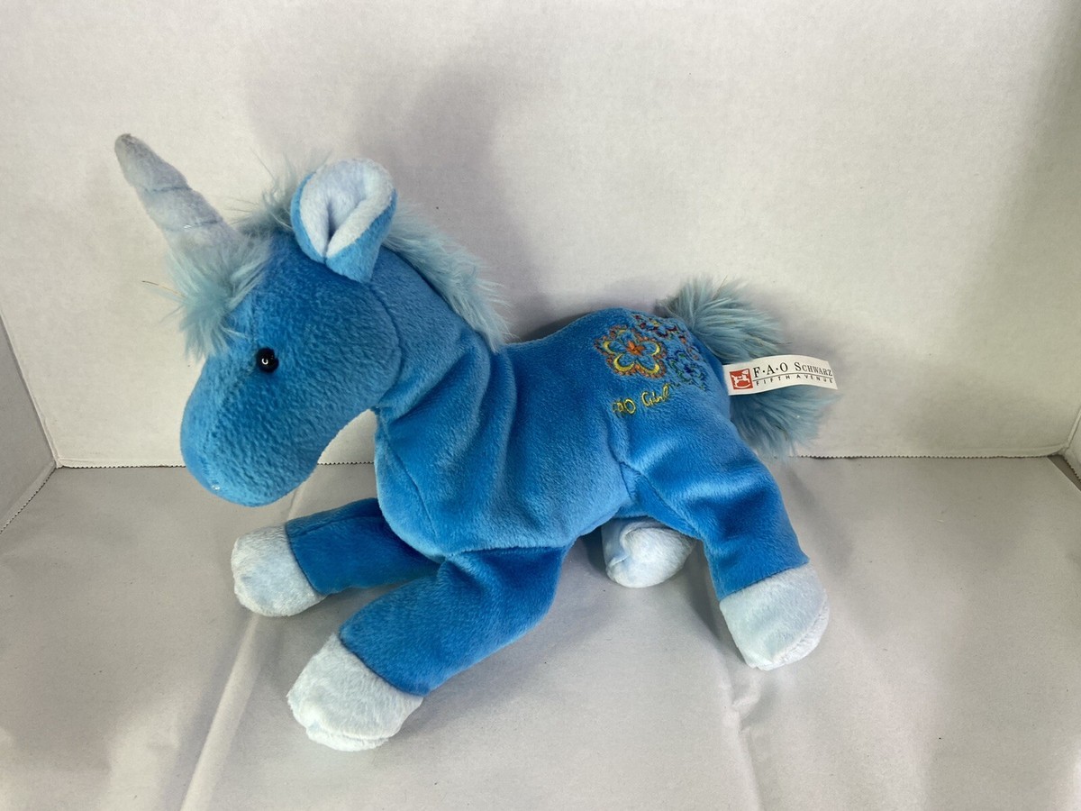 FAO Schwarz Blue Unicorn Plush Stuffed Animal Toy Embroidered