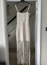 ZARA Ecru Crochet Midi Dress with Fringing Size S Bloggers Fave