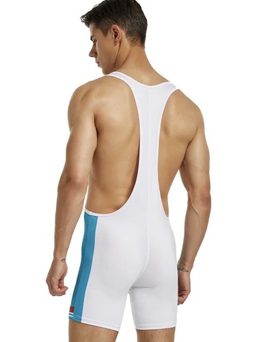 Men's Wrestling Singlet Sport Uniform White & Turquoise Unitard Stretch Size L - Picture 17 of 21