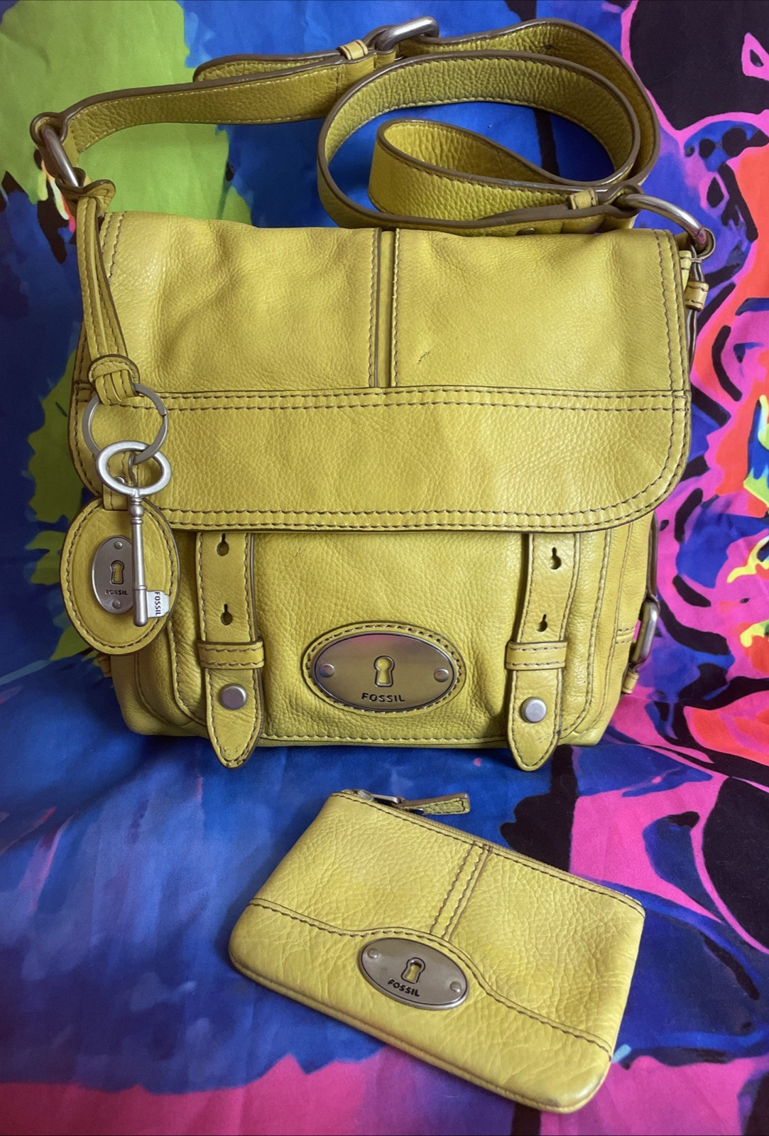 Fossil Maddox Leather Flap Crossbody Bag Yellow Organizer Fob Rare Color
