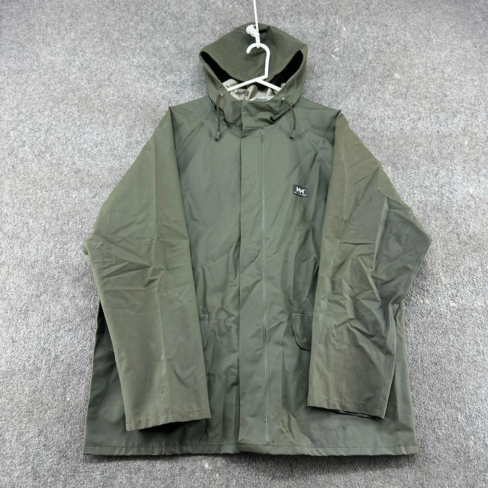 Helly Hansen Jacket Mens L Green Rain Coat Hooded PVC Foul Weather Workwear