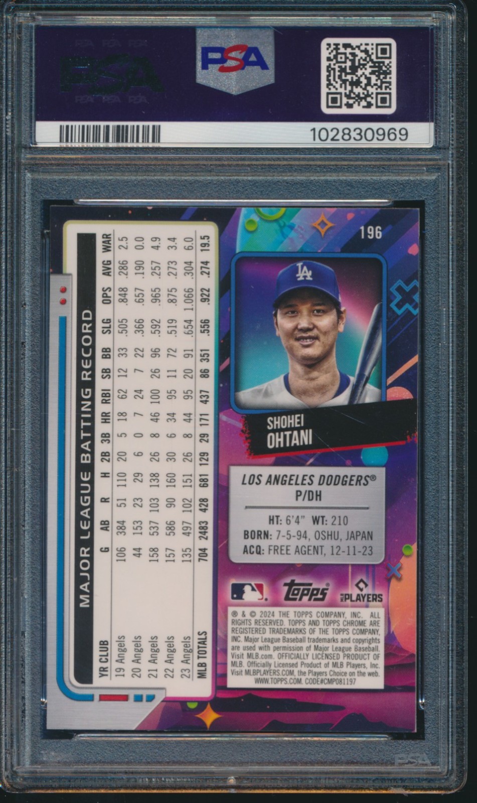 PSA 10 SHOHEI OHTANI 2024 Topps Cosmic Chrome #196 LA Dodgers MVP GEM MINT view 2