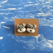 Puppy Dog Earrings, White Grey Doggy Studs Pierced Ears