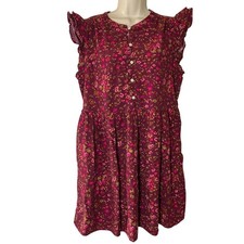 Time Tru Dress L Burgundy Floral Cotton Mini Flutter Sleeve Boho Summer Cottage