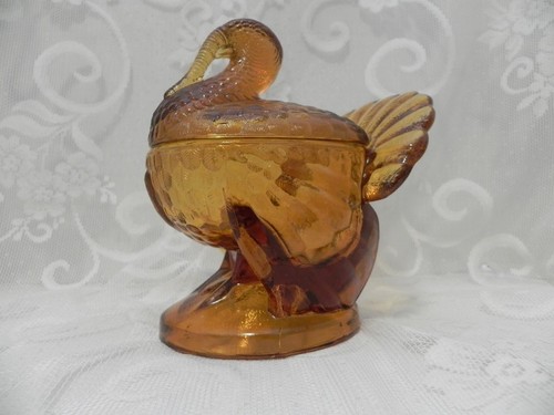 Vintage L.E. Smith Amber Glass Turkey Covered Candy Dish - Picture 1 of 1