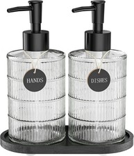 Soap Dispenser Set with Bamboo Tray Dish and Hand Soap Lotion Dispenser Set