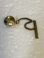 Vintage  Pearl Tie Tack Lapel Pin with Gold-Tone Safety Chain