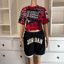 Jordan Brand Womens All Over Print Crop Top T Shirt Shorts Set Black Red M