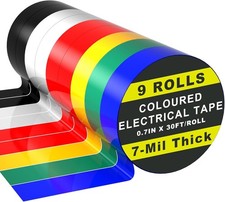 9 Rolls Coloured Electrical Tape - Profal White Bla Red Green Blue