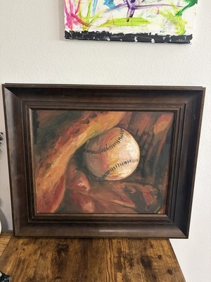 Framed Baseball Oil Painting Aaron Brothers Wall Art Sports Decor Rustic