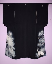 Peacocks Antique Silk kuro Tomesode Vintage Japanese Kimono Taisho US SHIP