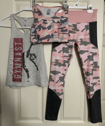 Justice Outfit Cheer Tank Camo Yoga Pants With Bra 3pc Girls Size 12