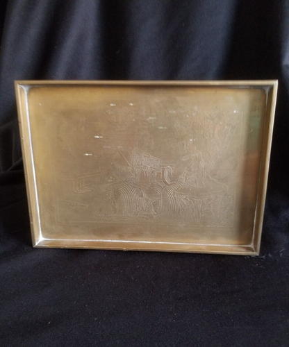 Vintage chinesisches graviertes massives Messing Teetablett mit zwei Musikerszene - 6" x 9" - Bild 13 von 15