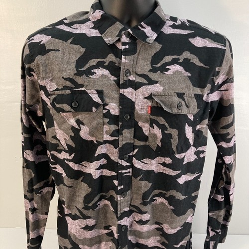 Levis Camouflage Shirt Mens Small Gray Long Sleeves Chest Pockets Button Up Camo