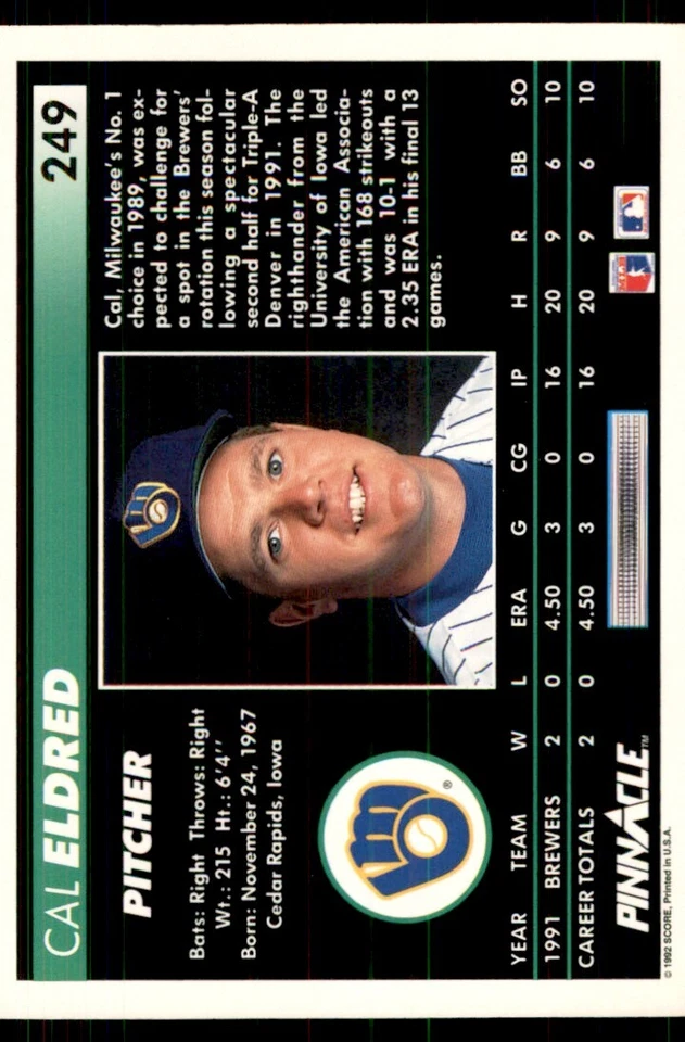 1992 Pinnacle Cal Eldred Baseball Cardss #249 - Image 2 of 2