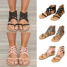 Women Strappy Low Flat Heel Summer Flip Flops Beach Sandals Shoes Size