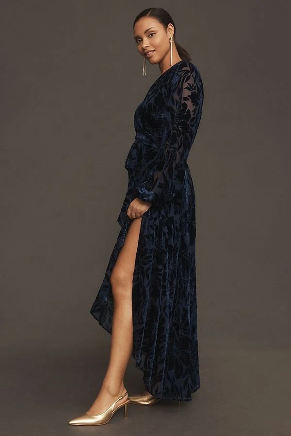 New Anthropologie Hutch Long-Sleeve Velvet Wrap Maxi Dress Burnout Navy MP NWT - Image 4 of 4