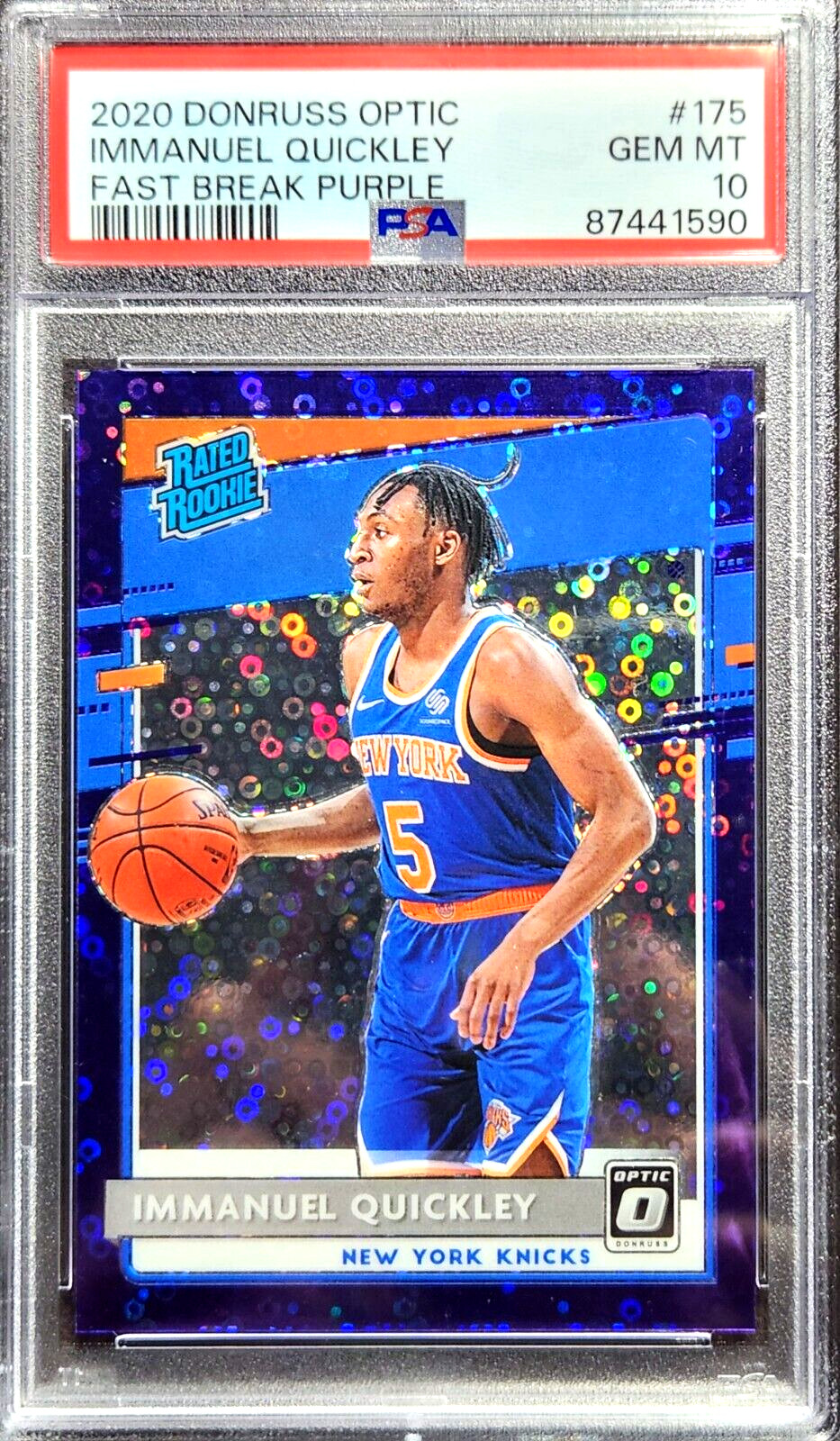 IMMANUEL QUICKLEY 2020 PANINI OPTIC /95 FAST BREAK PURPLE PRIZM RC ROOKIE PSA 10