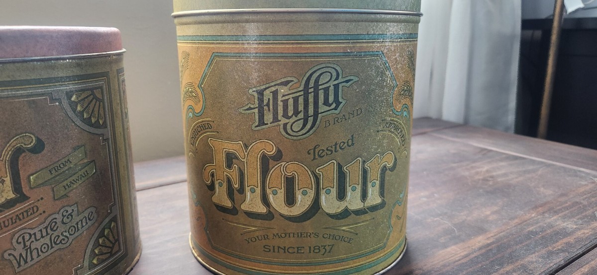 2 Vintage Canister Fluffy Flour and Brite White Sugar Nesting Tins