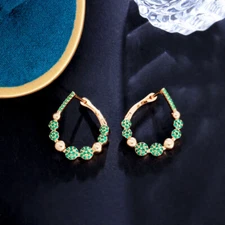 Twisted Green Water Drop Stud Huggie Hoop Earrings Gold Plated CZ Zircon Jewelry