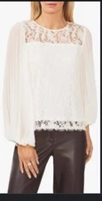 halogen Medium Pleated Sleeve Lace Blouse in New Ivory Nwt