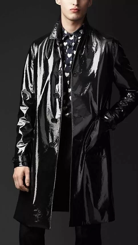 Men's Black PVC Vinyl Long Coat Raincoat Outdoor Hiking Waterproof
